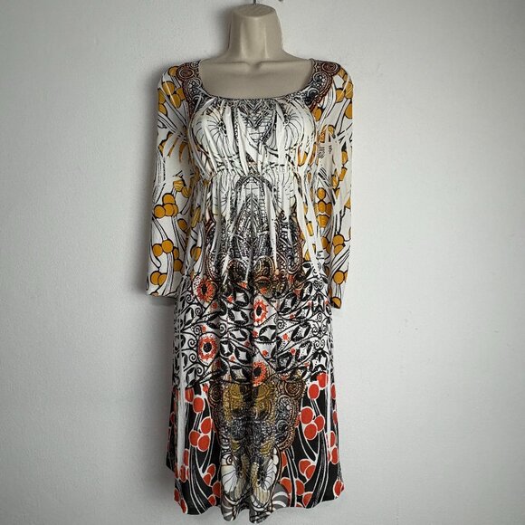 Y2K Boho Baroque Print Dress Rhinestone Embellished 3/4 Sleeve Mini Jersey Sz SM - Picture 1 of 9